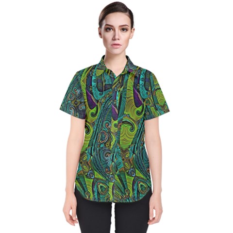 Jungle Print Green Abstract Pattern Women s Short Sleeve Shirt by SpinnyChairDesigns