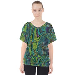 Jungle Print Green Abstract Pattern V-neck Dolman Drape Top by SpinnyChairDesigns