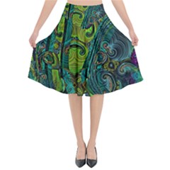 Jungle Print Green Abstract Pattern Flared Midi Skirt by SpinnyChairDesigns