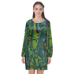 Jungle Print Green Abstract Pattern Long Sleeve Chiffon Shift Dress  by SpinnyChairDesigns