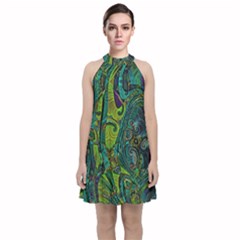 Jungle Print Green Abstract Pattern Velvet Halter Neckline Dress  by SpinnyChairDesigns