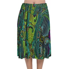 Jungle Print Green Abstract Pattern Velvet Flared Midi Skirt by SpinnyChairDesigns