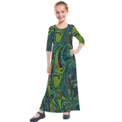 Jungle Print Green Abstract Pattern Kids  Quarter Sleeve Maxi Dress by SpinnyChairDesigns