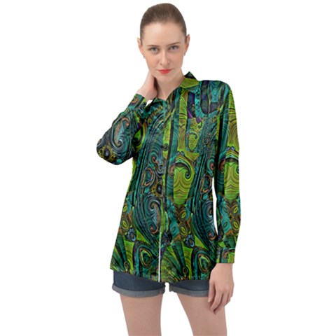 Jungle Print Green Abstract Pattern Long Sleeve Satin Shirt by SpinnyChairDesigns