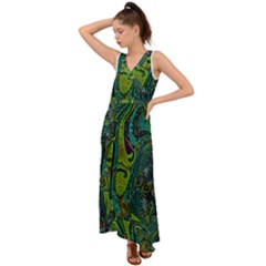 Jungle Print Green Abstract Pattern V-neck Chiffon Maxi Dress by SpinnyChairDesigns