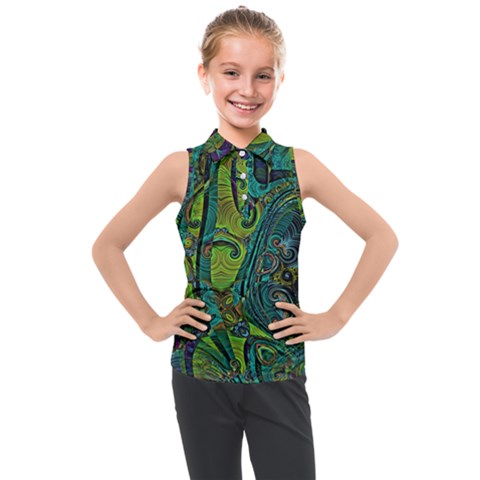 Jungle Print Green Abstract Pattern Kids  Sleeveless Polo Tee by SpinnyChairDesigns