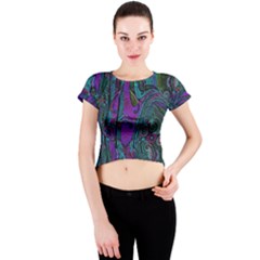 Purple Teal Abstract Jungle Print Pattern Crew Neck Crop Top by SpinnyChairDesigns