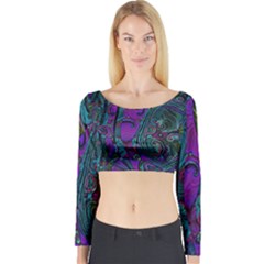 Purple Teal Abstract Jungle Print Pattern Long Sleeve Crop Top by SpinnyChairDesigns