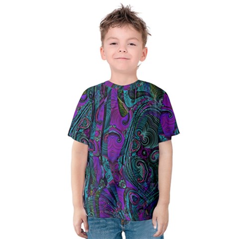 Purple Teal Abstract Jungle Print Pattern Kids  Cotton Tee by SpinnyChairDesigns