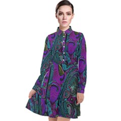 Purple Teal Abstract Jungle Print Pattern Long Sleeve Chiffon Shirt Dress by SpinnyChairDesigns