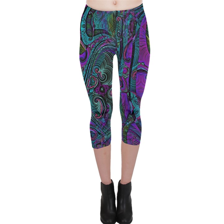 Purple Teal Abstract Jungle Print Pattern Capri Leggings 