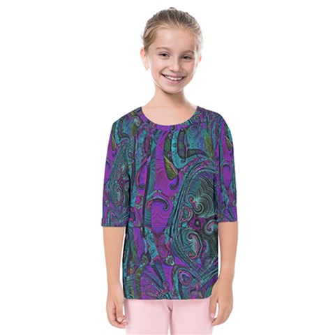 Purple Teal Abstract Jungle Print Pattern Kids  Quarter Sleeve Raglan Tee by SpinnyChairDesigns