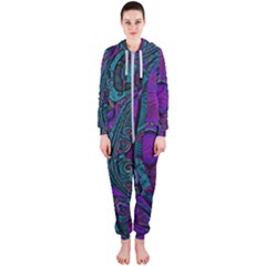 Purple Teal Abstract Jungle Print Pattern Hooded Jumpsuit (ladies)  by SpinnyChairDesigns