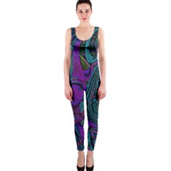 Purple Teal Abstract Jungle Print Pattern One Piece Catsuit by SpinnyChairDesigns