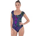 Purple Teal Abstract Jungle Print Pattern Short Sleeve Leotard  View1