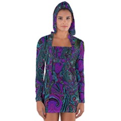 Purple Teal Abstract Jungle Print Pattern Long Sleeve Hooded T-shirt by SpinnyChairDesigns