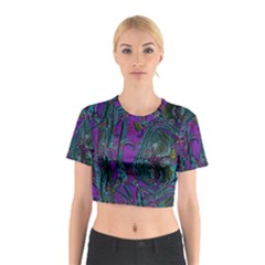 Purple Teal Abstract Jungle Print Pattern Cotton Crop Top by SpinnyChairDesigns