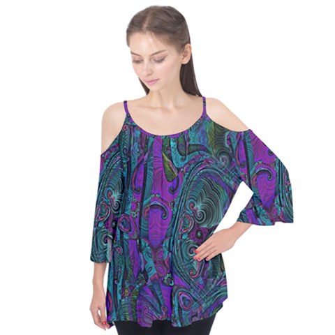 Purple Teal Abstract Jungle Print Pattern Flutter Tees by SpinnyChairDesigns