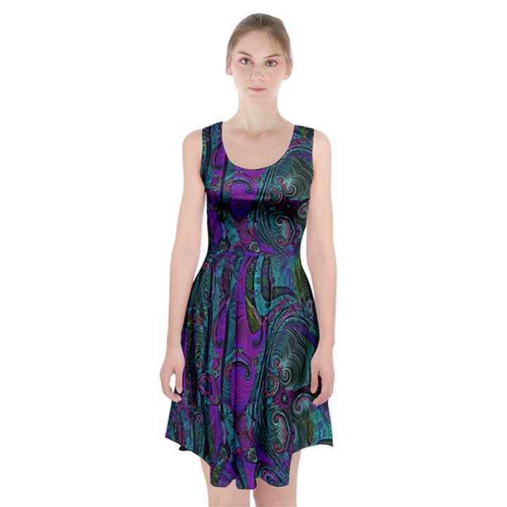 Purple Teal Abstract Jungle Print Pattern Racerback Midi Dress