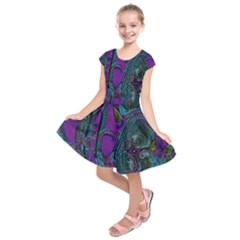 Purple Teal Abstract Jungle Print Pattern Kids  Short Sleeve Dress by SpinnyChairDesigns