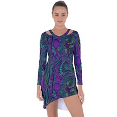 Purple Teal Abstract Jungle Print Pattern Asymmetric Cut-out Shift Dress by SpinnyChairDesigns