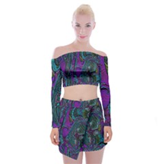 Purple Teal Abstract Jungle Print Pattern Off Shoulder Top With Mini Skirt Set by SpinnyChairDesigns