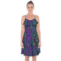 Purple Teal Abstract Jungle Print Pattern Ruffle Detail Chiffon Dress by SpinnyChairDesigns