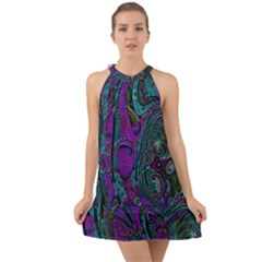 Purple Teal Abstract Jungle Print Pattern Halter Tie Back Chiffon Dress by SpinnyChairDesigns