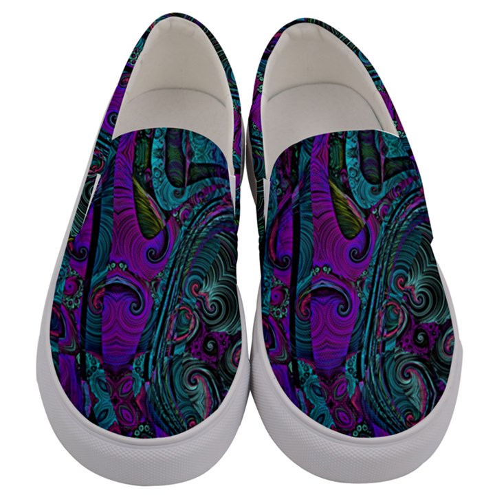 Purple Teal Abstract Jungle Print Pattern Men s Canvas Slip Ons