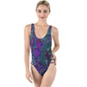 Purple Teal Abstract Jungle Print Pattern High Leg Strappy Swimsuit View1