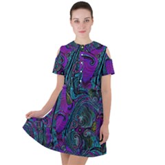 Purple Teal Abstract Jungle Print Pattern Short Sleeve Shoulder Cut Out Dress  by SpinnyChairDesigns