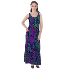 Purple Teal Abstract Jungle Print Pattern Sleeveless Velour Maxi Dress by SpinnyChairDesigns