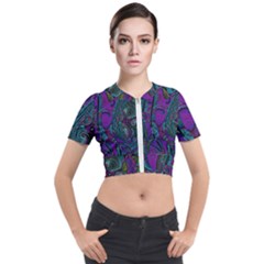 Purple Teal Abstract Jungle Print Pattern Short Sleeve Cropped Jacket by SpinnyChairDesigns