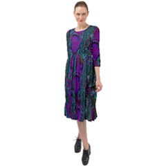 Purple Teal Abstract Jungle Print Pattern Ruffle End Midi Chiffon Dress by SpinnyChairDesigns