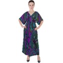 Purple Teal Abstract Jungle Print Pattern V-Neck Boho Style Maxi Dress View1