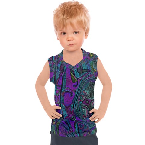 Purple Teal Abstract Jungle Print Pattern Kids  Sport Tank Top by SpinnyChairDesigns