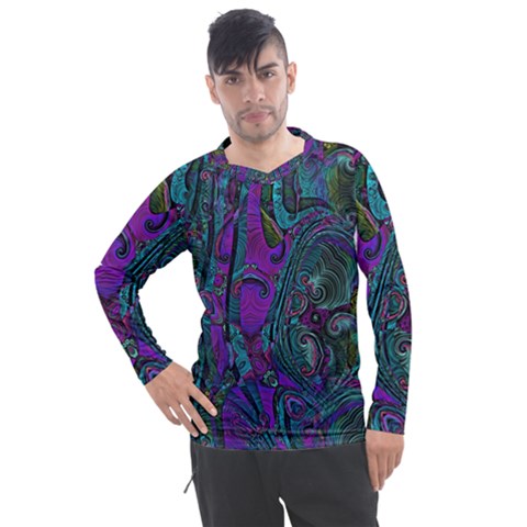 Purple Teal Abstract Jungle Print Pattern Men s Pique Long Sleeve Tee by SpinnyChairDesigns