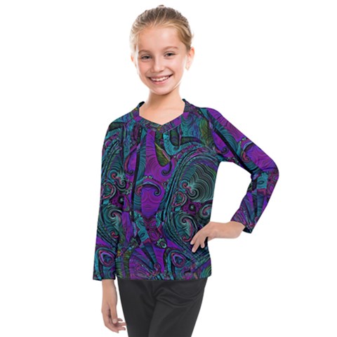 Purple Teal Abstract Jungle Print Pattern Kids  Long Mesh Tee by SpinnyChairDesigns