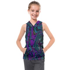 Purple Teal Abstract Jungle Print Pattern Kids  Sleeveless Hoodie by SpinnyChairDesigns