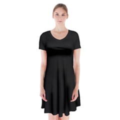 Plain Black Solid Color Short Sleeve V-neck Flare Dress by FlagGallery