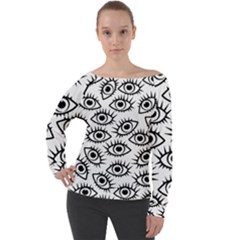 Black And White Cartoon Eyeballs Off Shoulder Long Sleeve Velour Top