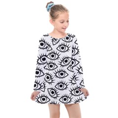 Black And White Cartoon Eyeballs Kids  Long Sleeve Dress by SpinnyChairDesigns