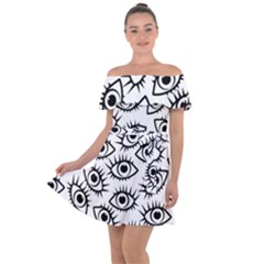 Black And White Cartoon Eyeballs Off Shoulder Velour Dress by SpinnyChairDesigns