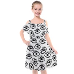 Black And White Cartoon Eyeballs Kids  Cut Out Shoulders Chiffon Dress by SpinnyChairDesigns