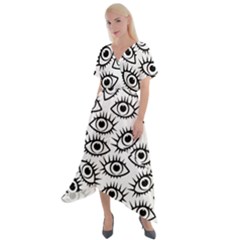 Black And White Cartoon Eyeballs Cross Front Sharkbite Hem Maxi Dress by SpinnyChairDesigns