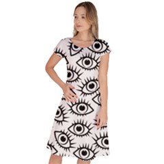 Black And White Cartoon Eyeballs Classic Short Sleeve Dress by SpinnyChairDesigns