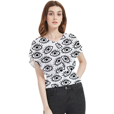 Black And White Cartoon Eyeballs Butterfly Chiffon Blouse by SpinnyChairDesigns