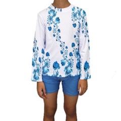 Abstract Blue Flowers On White Kids  Long Sleeve Swimwear by SpinnyChairDesigns