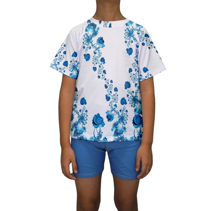 Abstract Blue Flowers on White Kids  Short Sleeve Swimwear