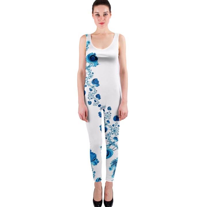 Abstract Blue Flowers on White One Piece Catsuit